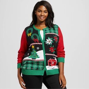 Ugly Christmas Sweater Women’s Plaid House Christmas Sweater Cardigan Size: 1X